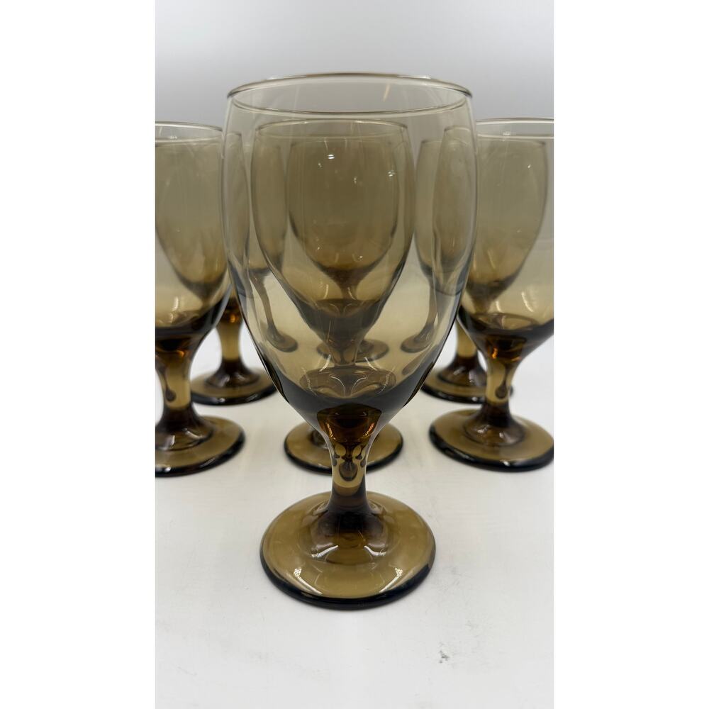 Vintage Libbey Smokey Brown Set of 7 Water Goblet Glasses (V8476) - Picture 3 of 6